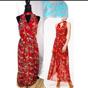 By & By Red Floral Keyhole Halter Style Faux Wrap Maxi Dress